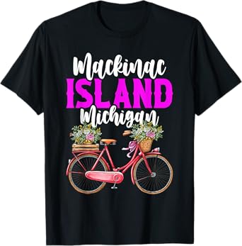 Mackinac Island Michigan Vintage Bike Flowers T-Shirt
