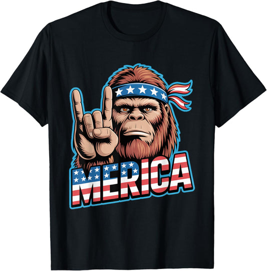 Sasquatch Big Foot Merica Rock American Flag 4th Of July T-shirt