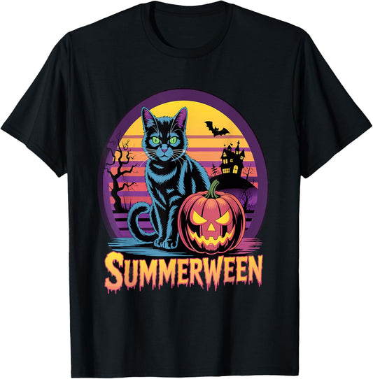 Retro Black Cat Spooky Cute Art Summerween Vibes T-Shirt