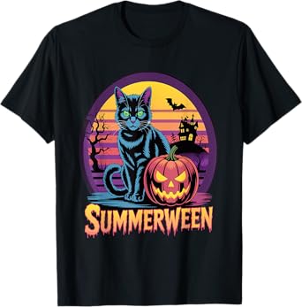 Retro Black Cat Spooky Cute Art Summerween Vibes Men Women T-Shirt