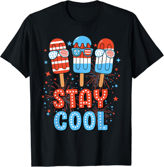 Stay Cool Popsicle Funny American Flag 4th of July USA Flag T-Shirt