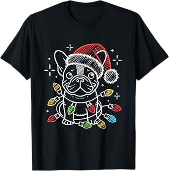 Santa Hat French Bulldog Christmas Lights Dog's Mom Dad T-Shirt for Men Women Kids