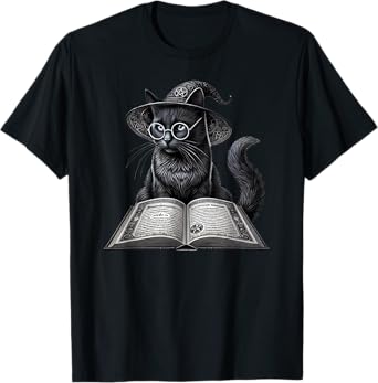 Wizard Cat Reading Spell Book, Funny Gothic Dark Magic T-Shirt