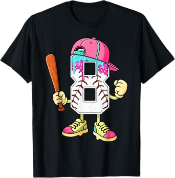Baseball 8th Birthday Boy Ice Cream Drip 8 Year Old Birthday T-Shirt