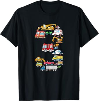 3rd Birthday 3 Year Old Transportation Cars Fire Truck T-Shirt
