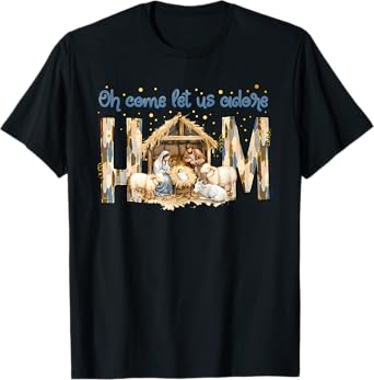 Oh Come Let Us Adore Him Vintage Jesus Christmas T-Shirt - Unisex-Adults, Unisex-Kids - Black - Small - Short Sleeve - Christmas-Themed Jesus T-Shirt