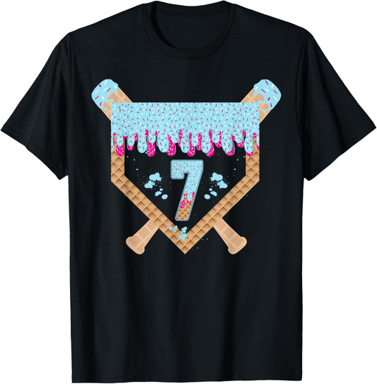 Baseball 7 Year Old Ice Cream Drip 7th Birthday Boy 7 T-Shirt