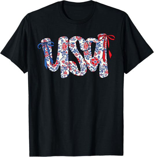 Coquette Bow 4th Of July USA Floral USA For Women Girls T-Shirt
