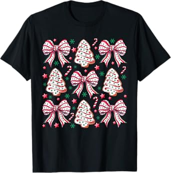 Coquette Bow Tree Cake Candy Cane Merry Christmas Women Kids T-Shirt