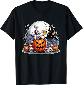 Horror Skeleton Drinking Beer On Carved Pumpkins Halloween T-Shirt