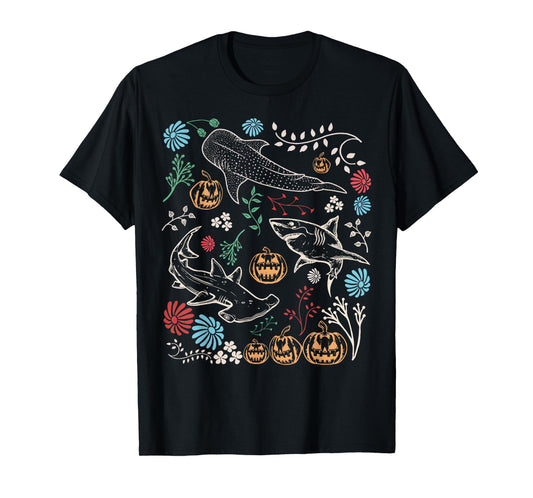 Vintage 90s Halloween Shark Pumpkin Ocean Marine Biology T-Shirt