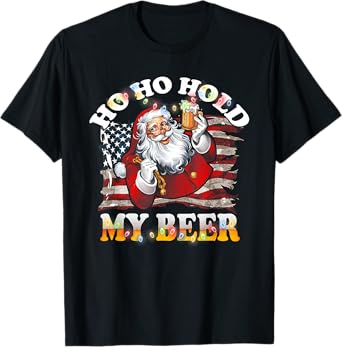 Christmas In July Santa Ho Ho Hold My Beer USA Flag T-Shirt