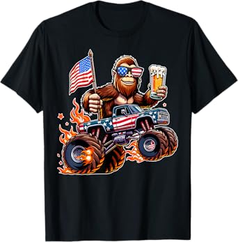 Bigfoot Monster Truck Beer USA Flag 4th of July Sasquatch T-Shirt