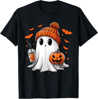 Cute Ghost Drinking Ice Coffee Halloween Pumpkin Mens Womens T-Shirt