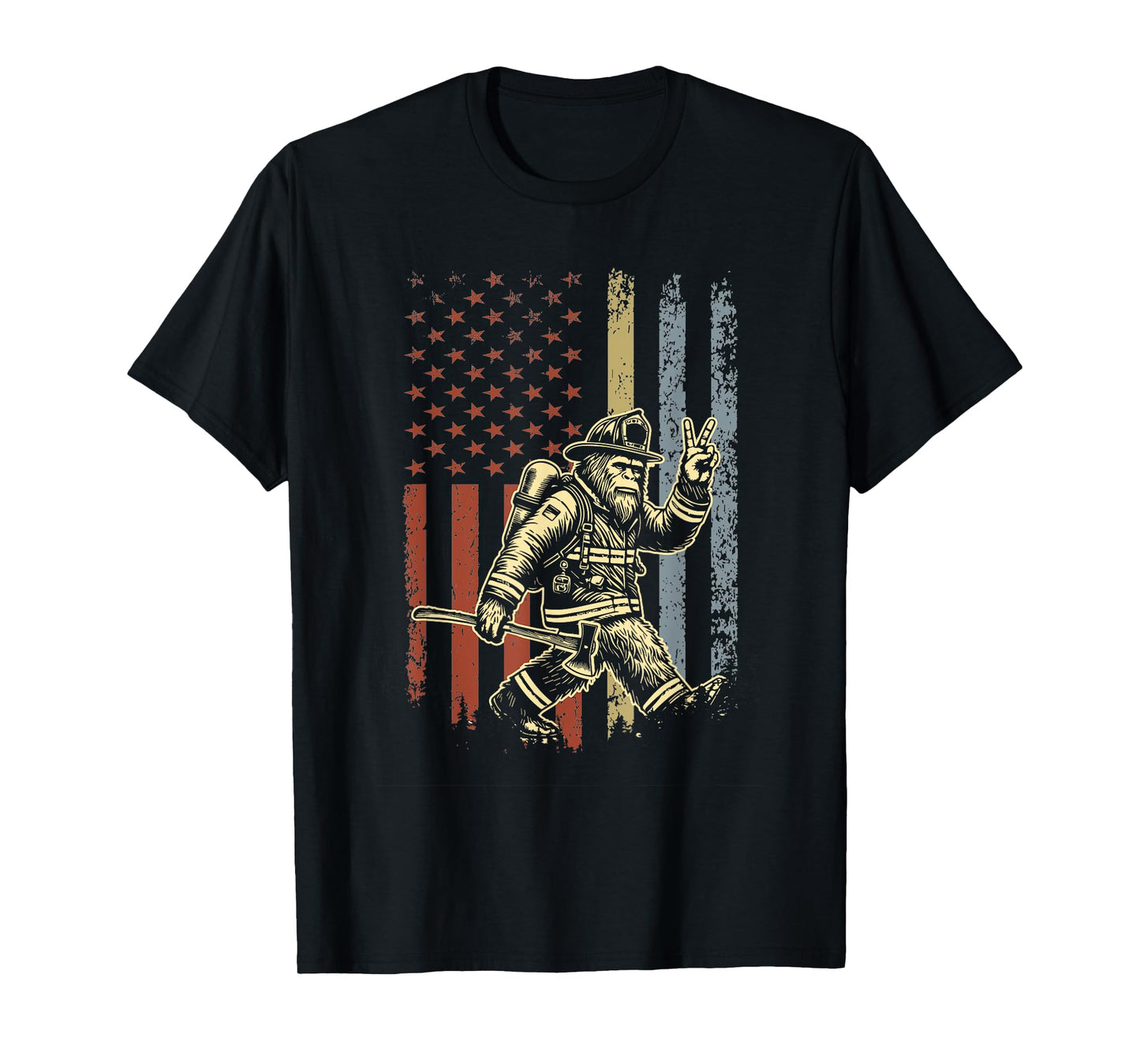 Retro American Flag Bigfoot Firefighter Sasquatch Fireman T-Shirt