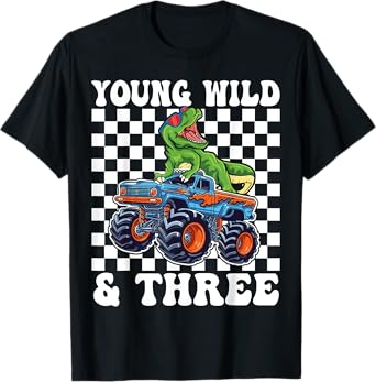 3rd Birthday Monster Truck Young Wild And Three 3 Year Old T-Shirt