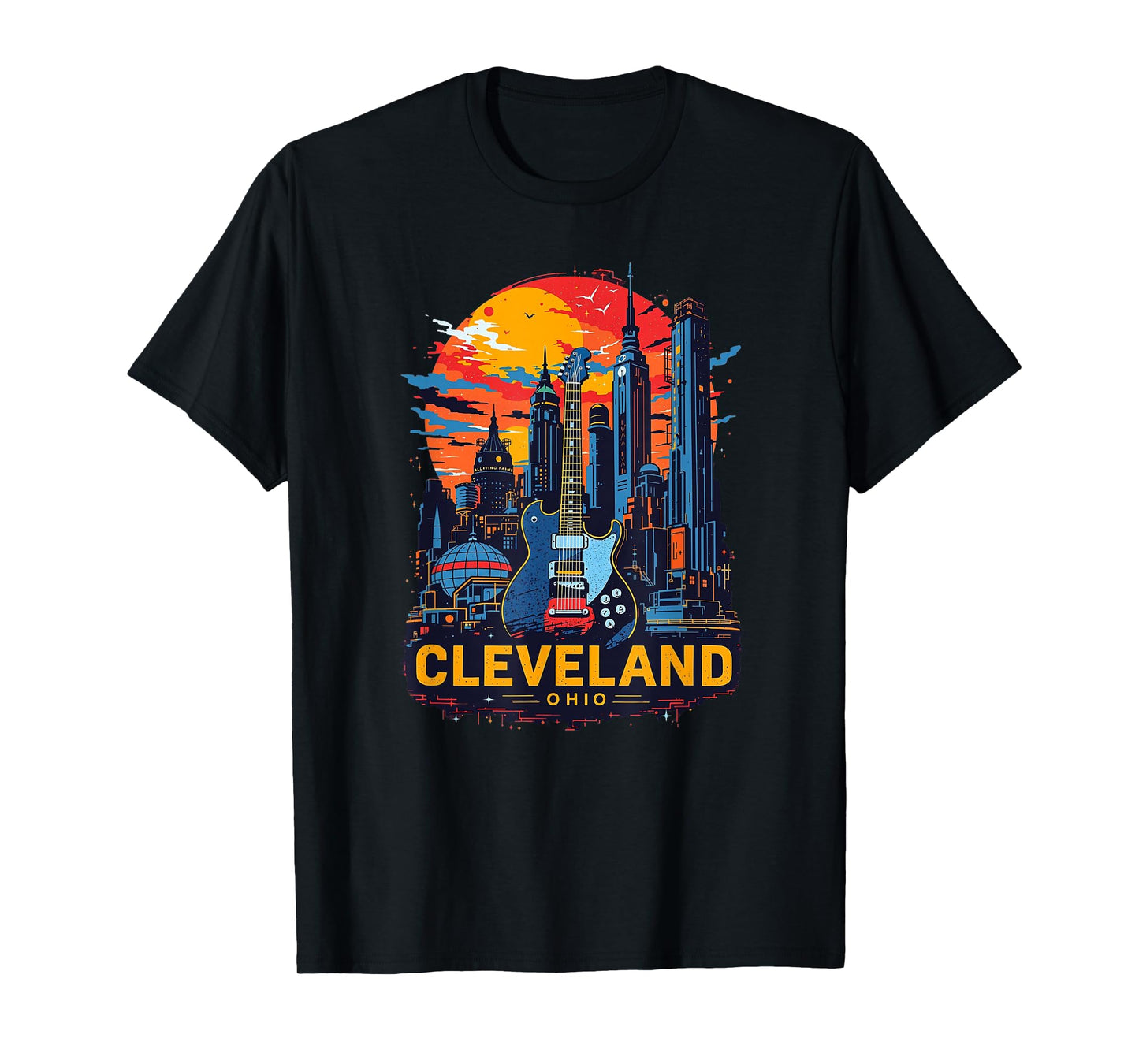 Vintage Cleveland Ohio Guitar Skyline Cityscape T-Shirt