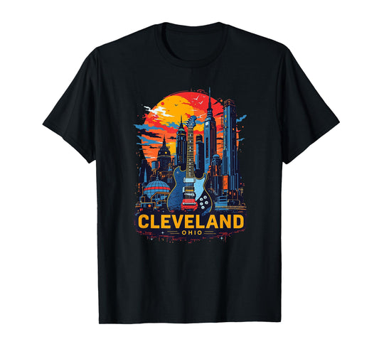 Vintage Cleveland Ohio Guitar Skyline Cityscape T-Shirt