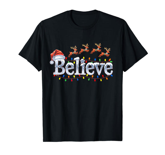 Christmas Believe Santa Claus Hat Reindeers Xmas Lights T-Shirt