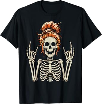 Rocker Messy Bun Skeleton Cool Halloween Punk Rock T-Shirt