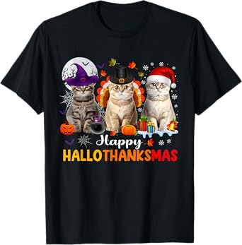 Happy Hallothanksmas Cats Halloween Thanksgiving Christmas T-Shirt