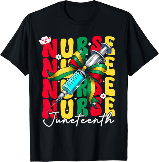 Juneteenth Nurse Groovy African Scrubs Top Bow Black Women T-Shirt