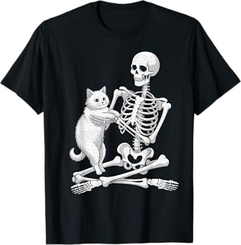 Skeleton Halloween Costume Funny Skull Cat Kitty Cat Lover T-Shirt