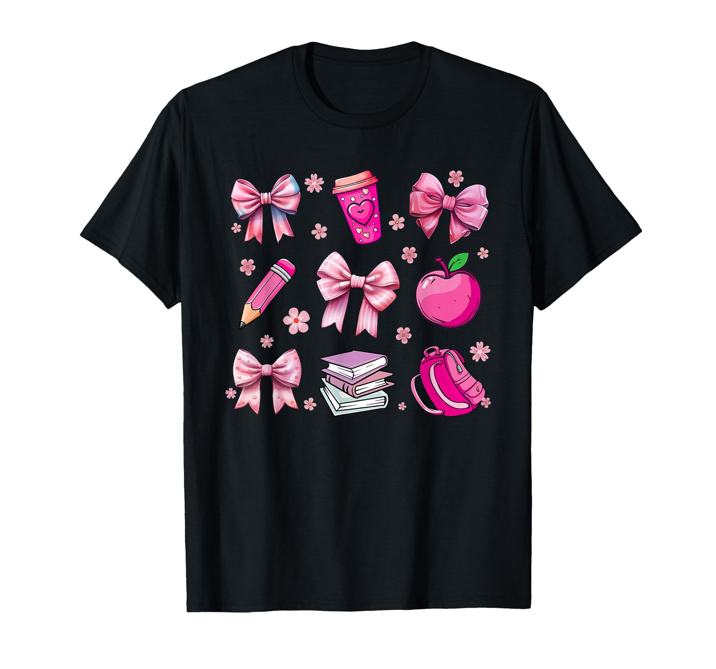 Back To School Pink Coquette Bow Pencil Apple Kids Girls T-Shirt