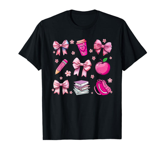 Back To School Pink Coquette Bow Pencil Apple Kids Girls T-Shirt