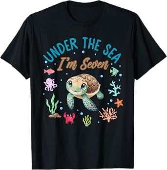 Under The Sea I'm Seven 7th Birthday Baby Girl Cute Turtle T-Shirt