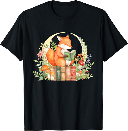 Cottagecore Aesthetic Wildflower Fox Reading Book T-Shirt