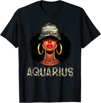 Aquarius Queen Retro Camo Black Woman Cap Zodiac Sign T-Shirt