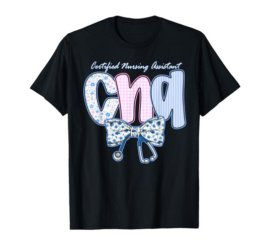 Coquette Bow CNA Nurse Blue Floral Stethoscope Cute Nurses T-Shirt