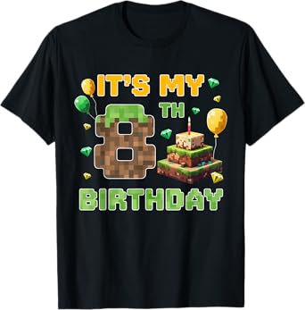 Birthday Boy It's My 8th Birthday 8 Year Old Pixel Gamer T-Shirt