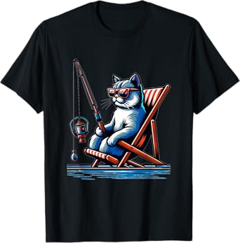 Cool Cat Things Funny Fishing Cat T-Shirt, Black, Small