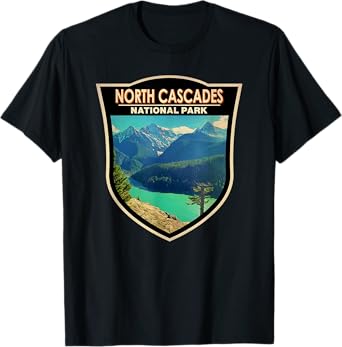 Totally Wild Designs North Cascades National Park Vintage Watercolor Badge T-Shirt - Unisex-Adults & Kids - Black - Small - Short Sleeve - Cotton 60% Polyester 40%