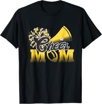 Cheer Mom Biggest Fan Cheerleader Black Yellow Gold Pom Pom T-Shirt