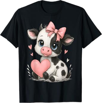 Adorable Baby Cow With Pink Coquette Bow Holding Heart T-Shirt