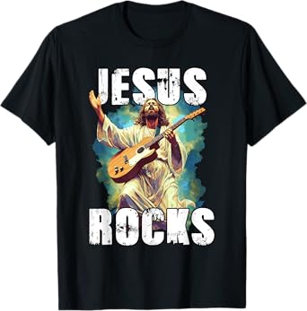 Jesus Rocks With Guitar - Funny Christian Rocks Church T-Shirt