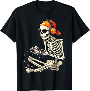 Halloween Skeleton Retro Gamer Video Gaming Boys Men Kids T-Shirt