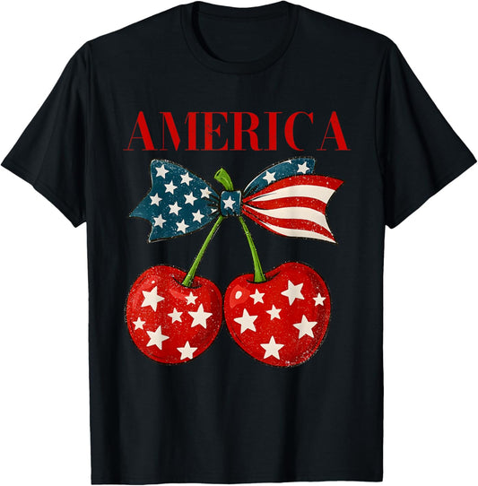 America Cherries Coquette Bow Cherry July 4th USA Flag Women T-Shirt
