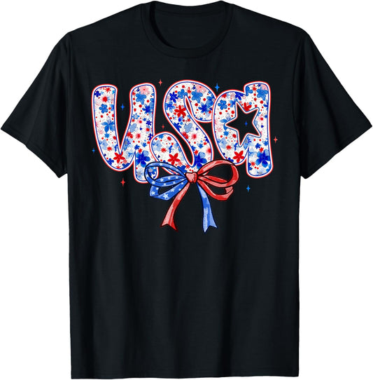 Floral Usa Patriotic American Flag 4th Of July Women Girls T-shirt