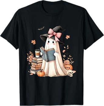Cute Ghost Reading Book Lovers Halloween Ghost Coffee Women T-Shirt