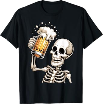 Creepy Skull Skeleton Drinking Beer Funny Halloween Costume T-Shirt