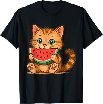 Kawaii Cat Eating Watermelon Summer Tropical Fruit Kids T-Shirt