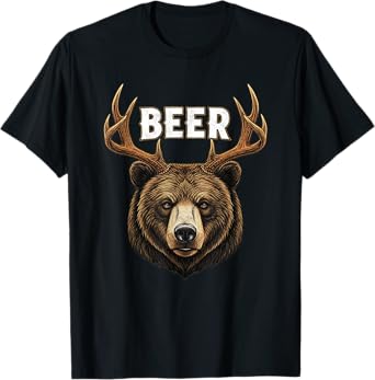 Bear Antlers Beer Animal Humor Art Wordplay Pun T-Shirt