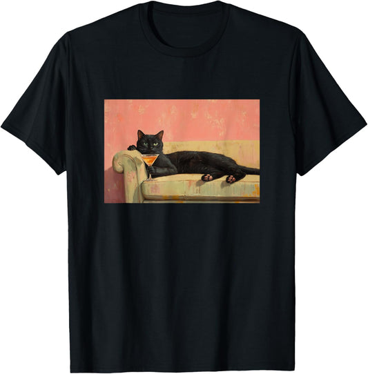 Retro Cat Lover Black Cat Cocktail Art Vintage Design T-Shirt