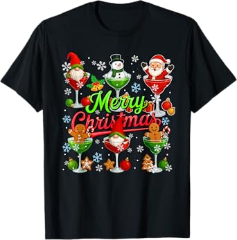 Merry Christmas Group Santa Gnome Cookie in Cocktail Glasses T-Shirt
