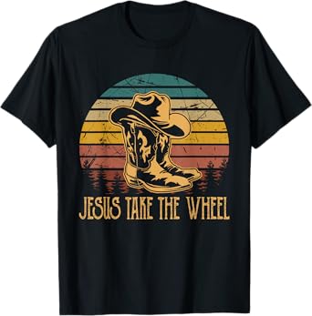 Vintage Funny Music Designs Jesus Take The Wheel Western Horse Riding T-Shirt