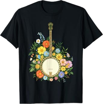 Banjo Flowers Vintage Stringed Bluegrass Folk Floral Design T-Shirt